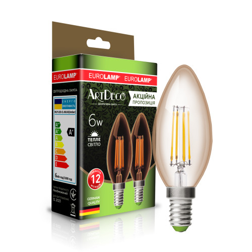 LED Лампа EUROLAMP філамент “Свічка” 6W-E14-3000K “1+1”