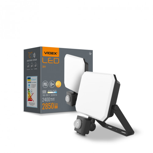 LED прожектор VIDEX F3 30W 5000K з датчиком руху 220V Black (VLE-F3-0305B-S)