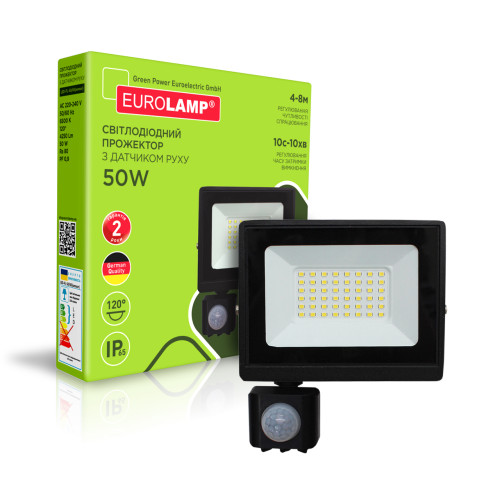 EUROLAMP LED Прожектор чорний з датчиком руху 50W 6500K