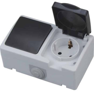 Розетка накладная с заземлением и крышкой  16А + выклчатель 1-клв. 10А 250V IP54 серая ATOM
