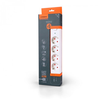 Мережевий подовжувач VIDEX ONCORD з/з 4п 3м (3x1.5мм) 3.4А USB(QC3.0) +USB-C(PD20W) з кнопкою White